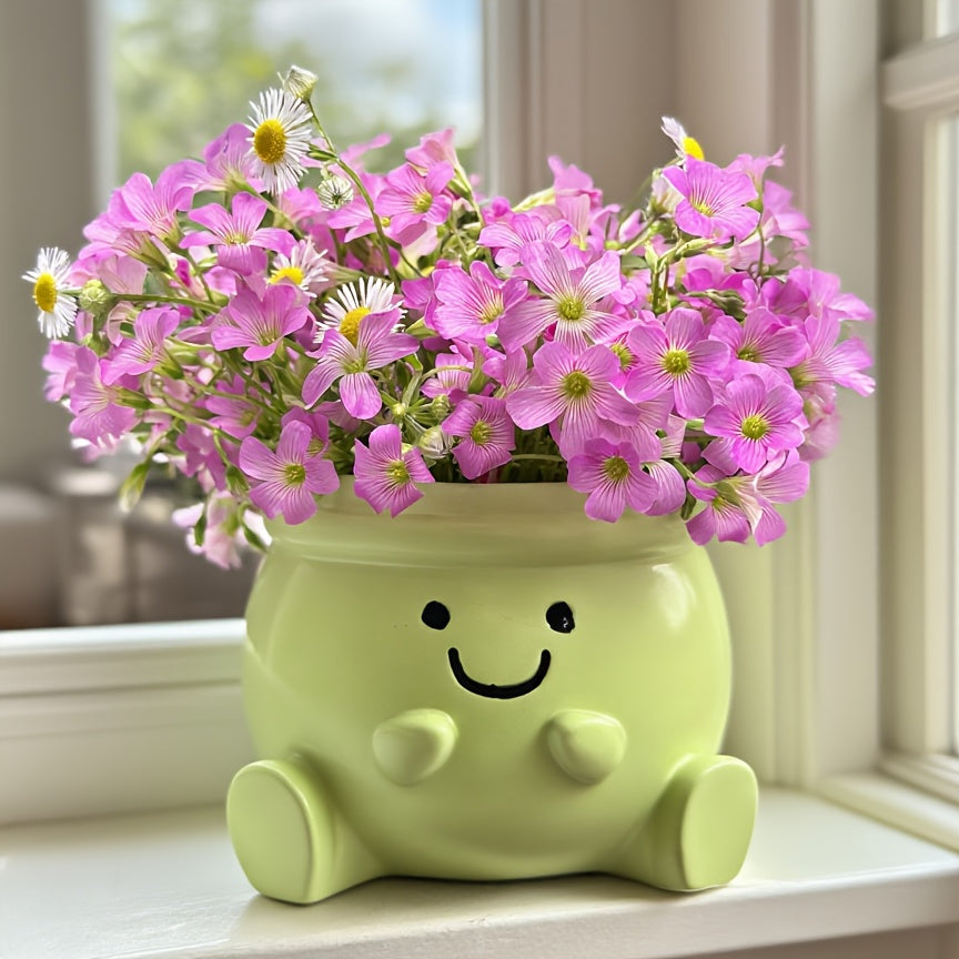 1pc New Resin Heart-Shaped Flower Vase, Fresh Green Background, Cute joyful Face Design