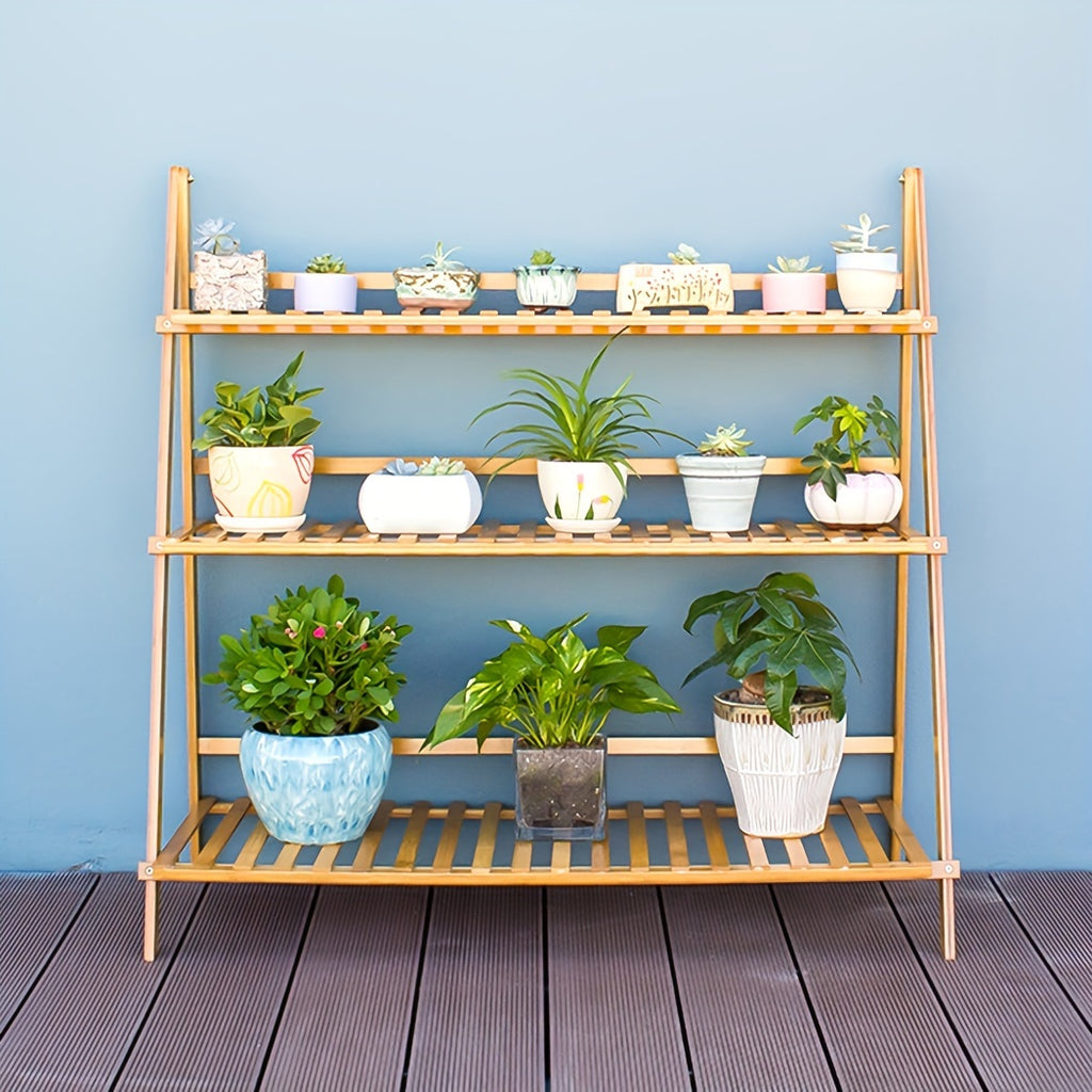 Versatile 100cm 3 Tier Foldable Bamboo Flower Pot Plants Display Shelf Planter Organizer for Outdoor Indoor
