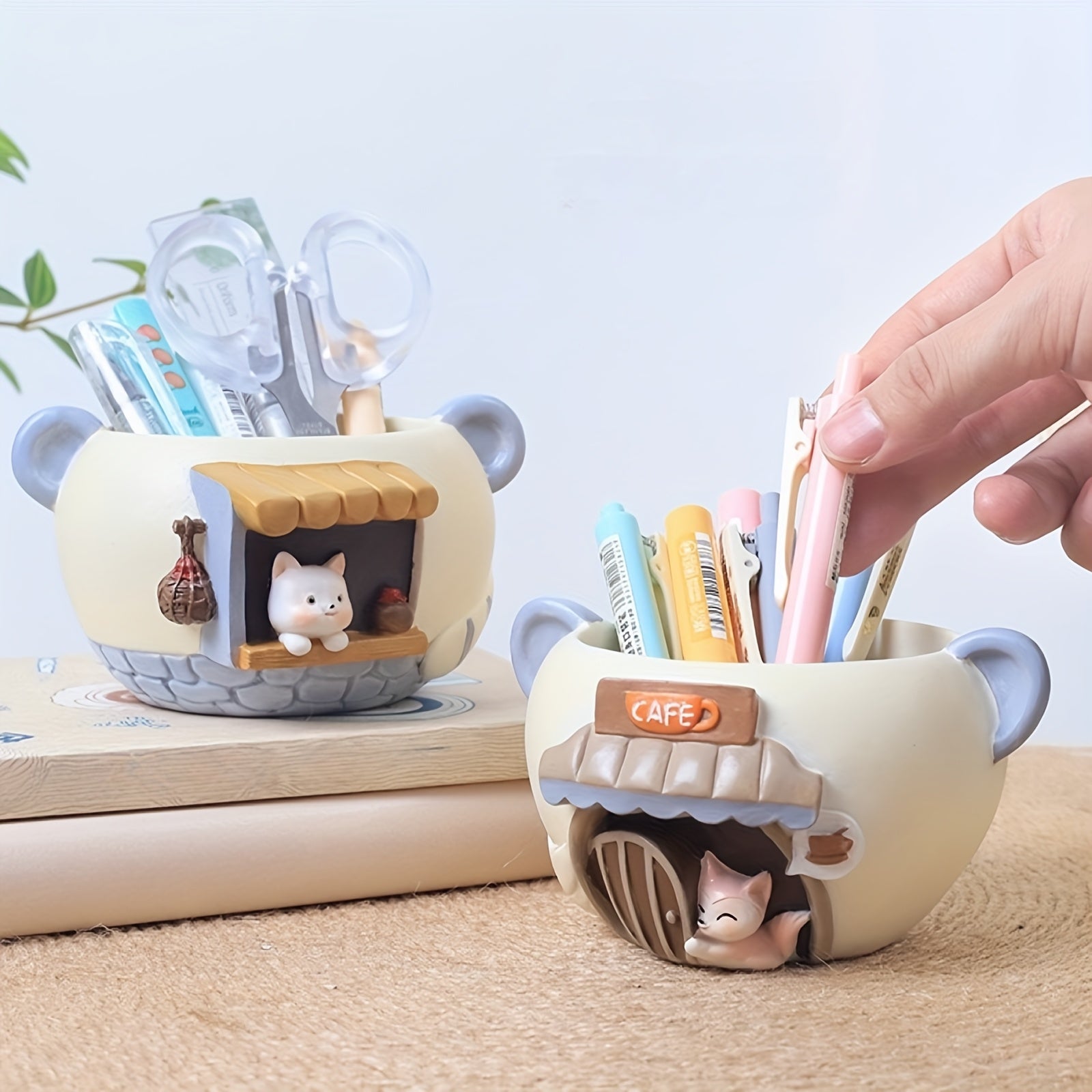 2pcs Set of Modern Cute Pet Cafe & Store Small Mini Resin Plant Pot with Drainage Holes