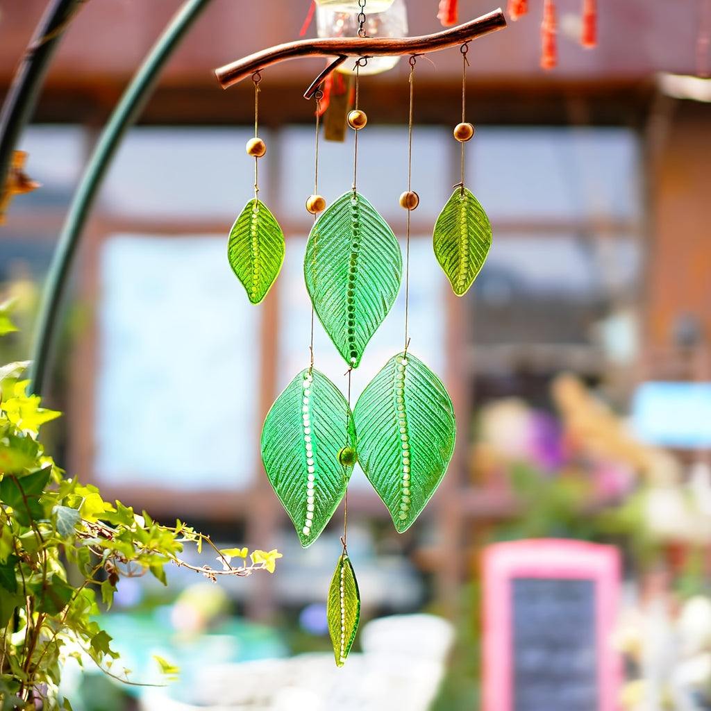 Glass Wind Chime with Green Leaf - Elegant Outdoor\u002FIndoor Hanging Decor