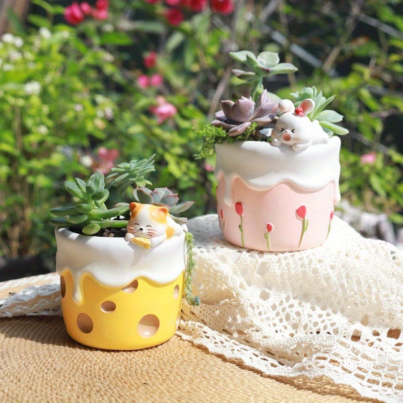 A Creative Cartoon Ice Cream Cheese Succulent Gardening Pot Container for Small Flower Arrangements on The Balcony Or in The Yard.