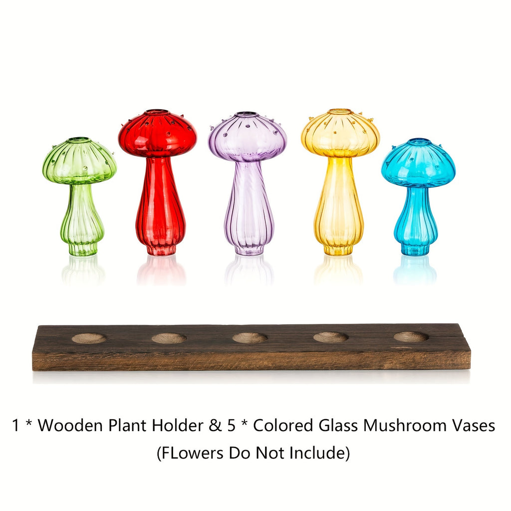 5-Pack Colorful Mushroom Vases with Wooden Tray