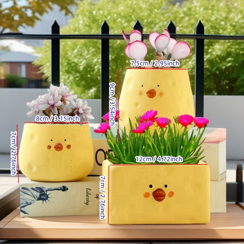 3pcs, cute little yellow chicken ceramic flower pots, pastoral style, exquisite and compact