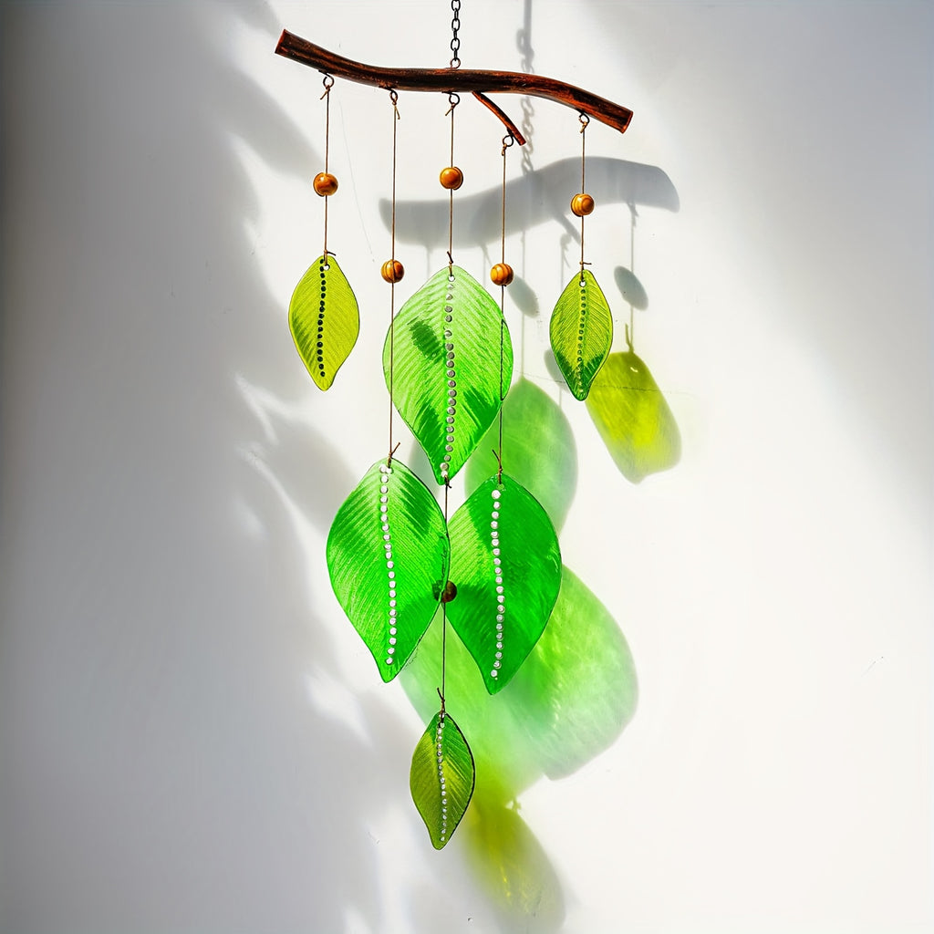 Glass Wind Chime with Green Leaf - Elegant Outdoor\u002FIndoor Hanging Decor