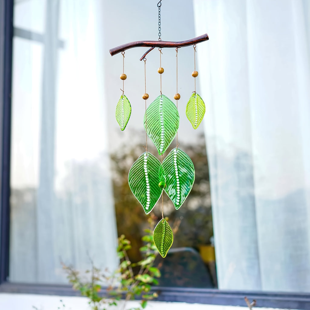 Glass Wind Chime with Green Leaf - Elegant Outdoor\u002FIndoor Hanging Decor