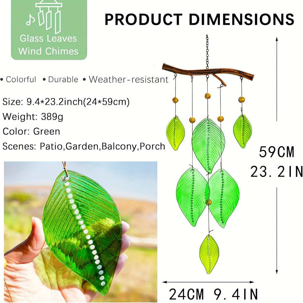 Glass Wind Chime with Green Leaf - Elegant Outdoor\u002FIndoor Hanging Decor
