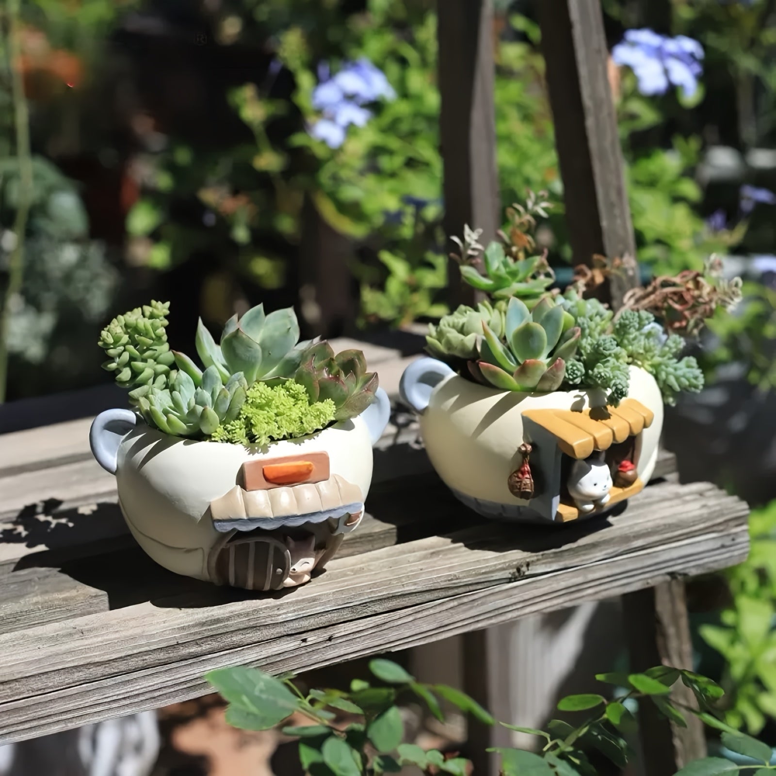 2pcs Set of Modern Cute Pet Cafe & Store Small Mini Resin Plant Pot with Drainage Holes
