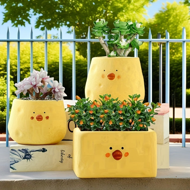 3pcs, cute little yellow chicken ceramic flower pots, pastoral style, exquisite and compact