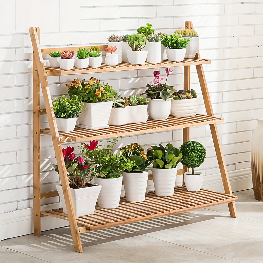 Versatile 100cm 3 Tier Foldable Bamboo Flower Pot Plants Display Shelf Planter Organizer for Outdoor Indoor