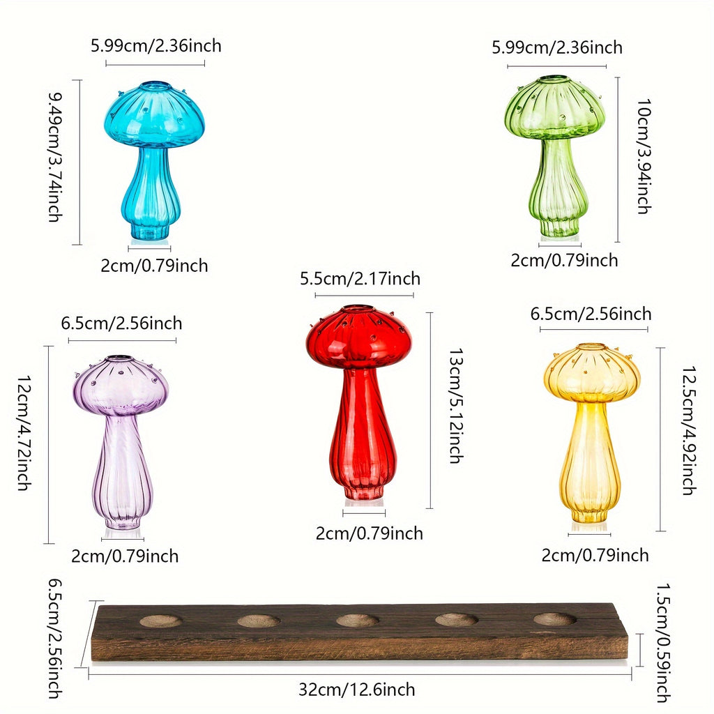 5-Pack Colorful Mushroom Vases with Wooden Tray