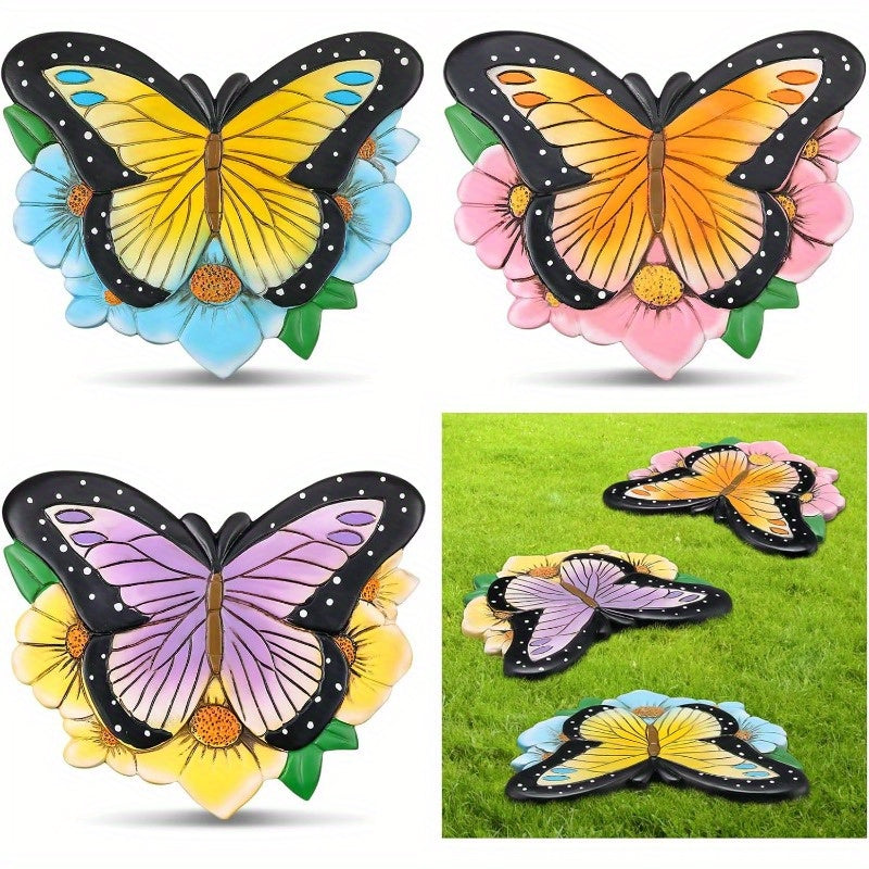 3pcs Butterfly Garden Stepping Stones - Realistic Butterfly with Floral accents