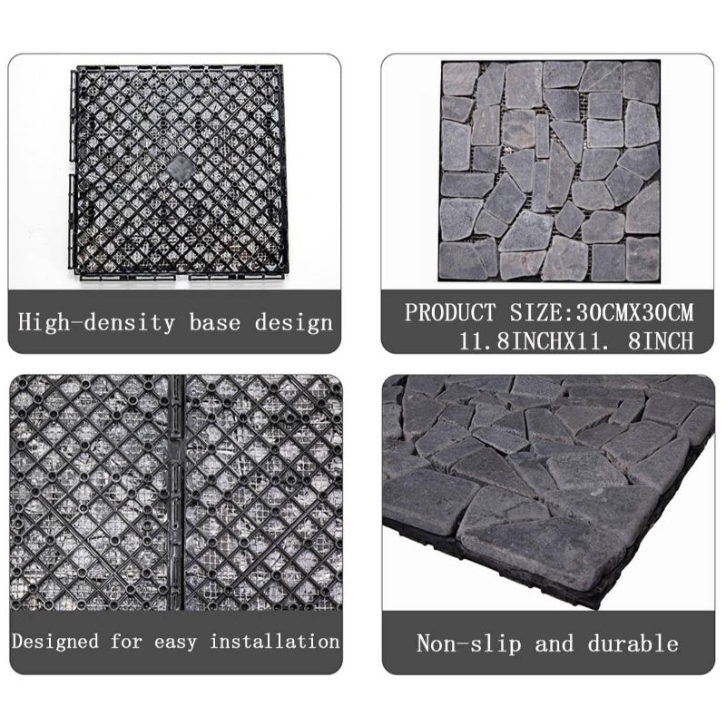 6pcs Natural Pebble Interlocking Floor Tiles - Dark Brown\u002FBlack Interlocking Patio Tiles