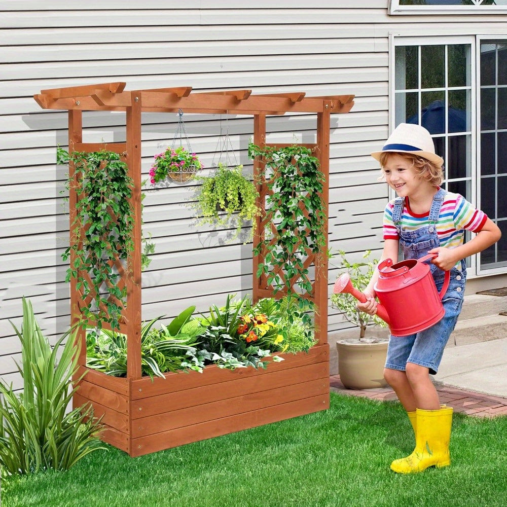 Teak Wood Raised Garden Bed with Trellis