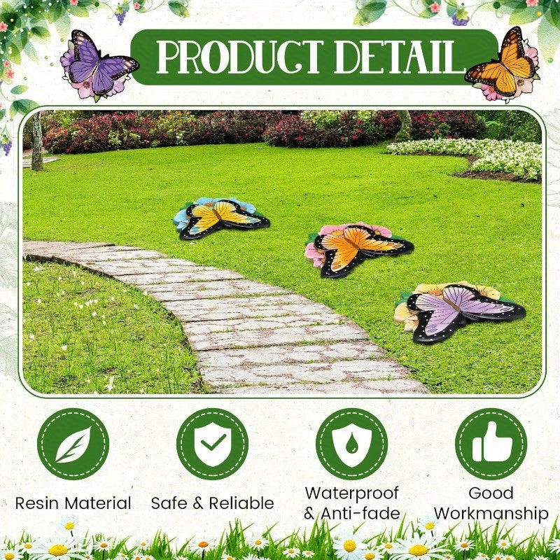 3pcs Butterfly Garden Stepping Stones - Realistic Butterfly with Floral accents