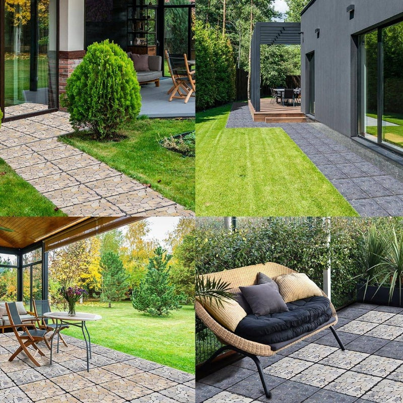 6pcs Natural Pebble Interlocking Floor Tiles - Dark Brown\u002FBlack Interlocking Patio Tiles