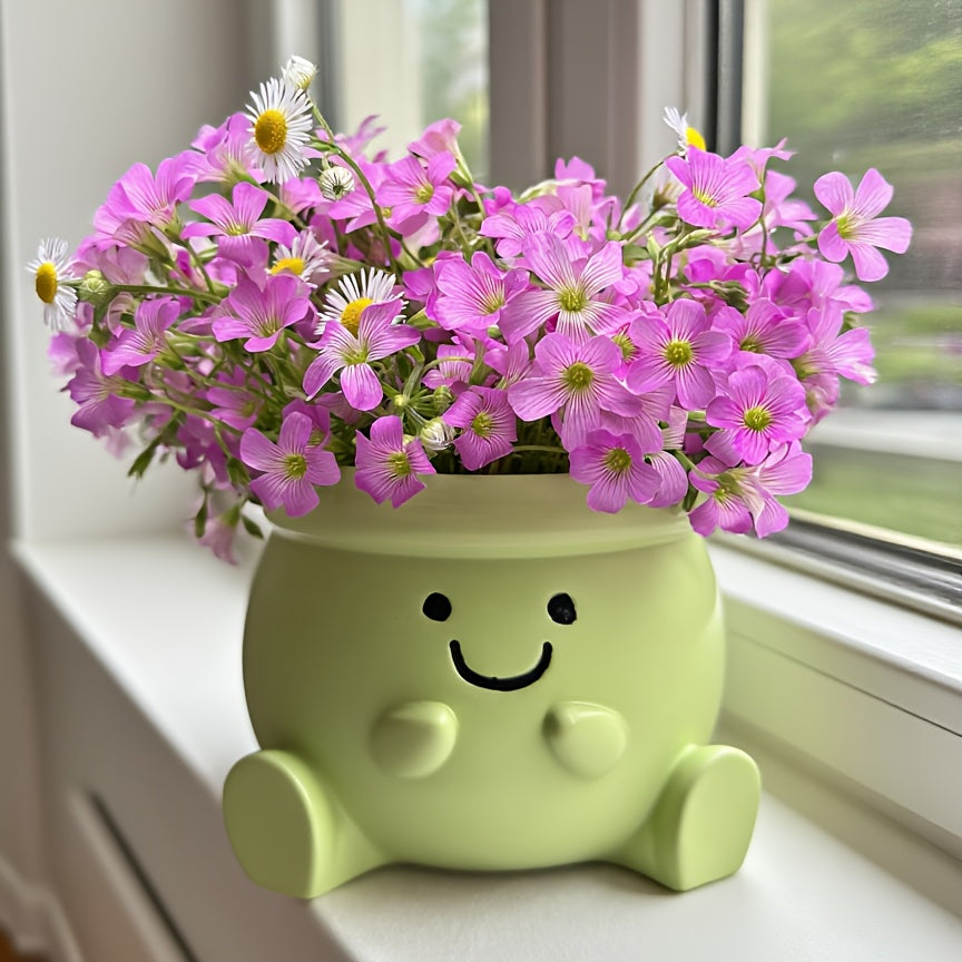 1pc New Resin Heart-Shaped Flower Vase, Fresh Green Background, Cute joyful Face Design