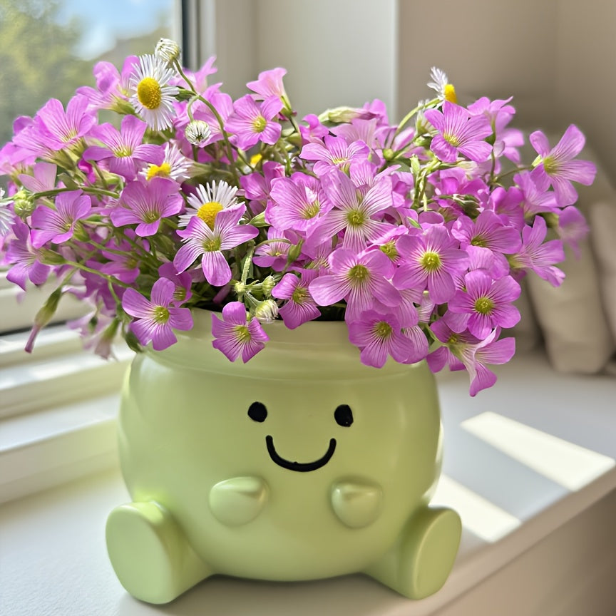 1pc New Resin Heart-Shaped Flower Vase, Fresh Green Background, Cute joyful Face Design