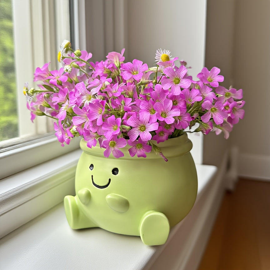 1pc New Resin Heart-Shaped Flower Vase, Fresh Green Background, Cute joyful Face Design