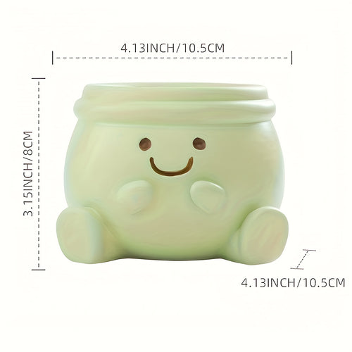 1pc New Resin Heart-Shaped Flower Vase, Fresh Green Background, Cute joyful Face Design