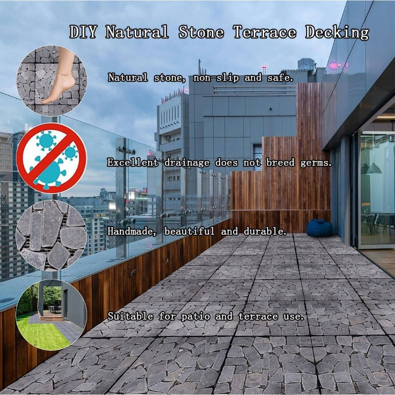 6pcs Natural Pebble Interlocking Floor Tiles - Dark Brown\u002FBlack Interlocking Patio Tiles