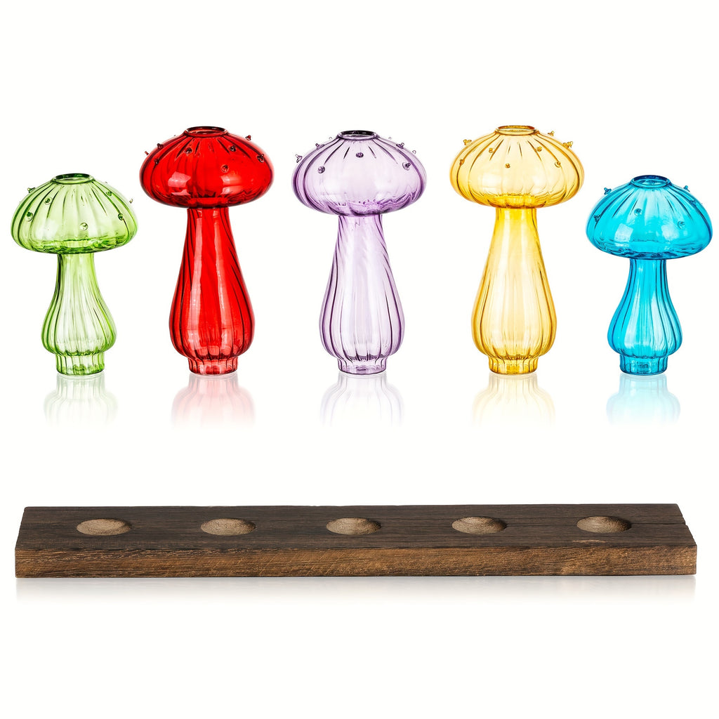 5-Pack Colorful Mushroom Vases with Wooden Tray