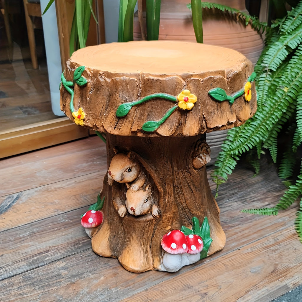 Enchanted Resin Mushroom Squirrel Garden Stool Sculpture