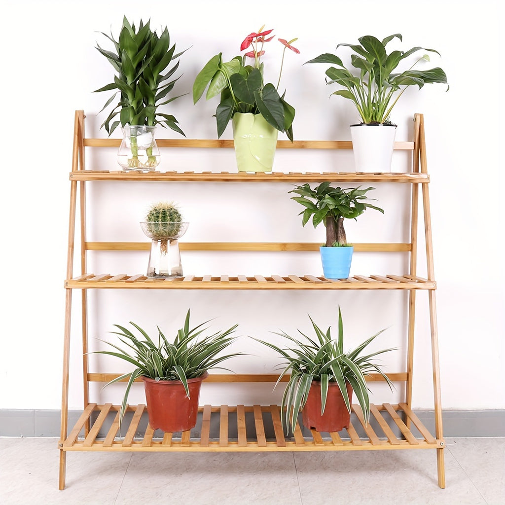 Versatile 100cm 3 Tier Foldable Bamboo Flower Pot Plants Display Shelf Planter Organizer for Outdoor Indoor