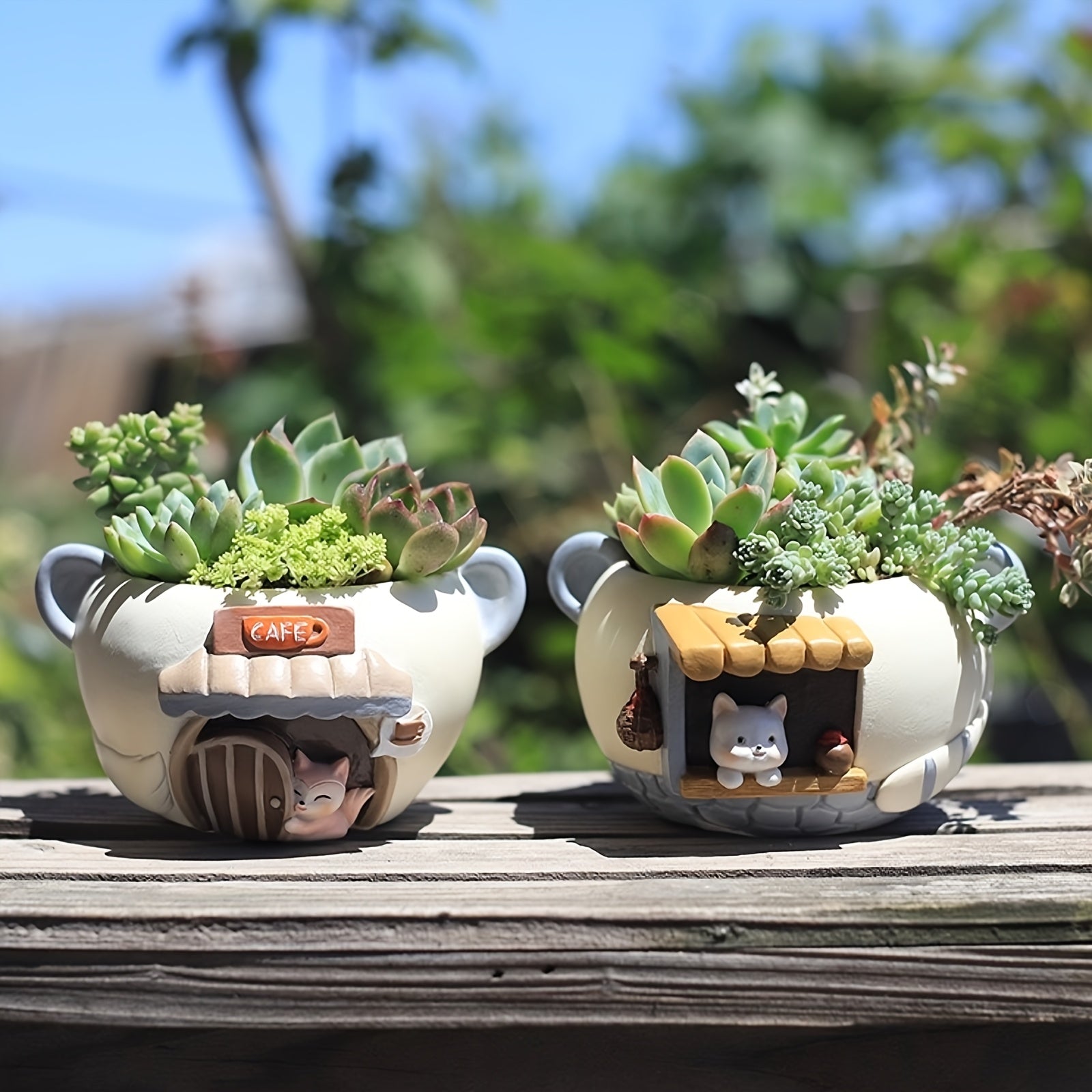 2pcs Set of Modern Cute Pet Cafe & Store Small Mini Resin Plant Pot with Drainage Holes