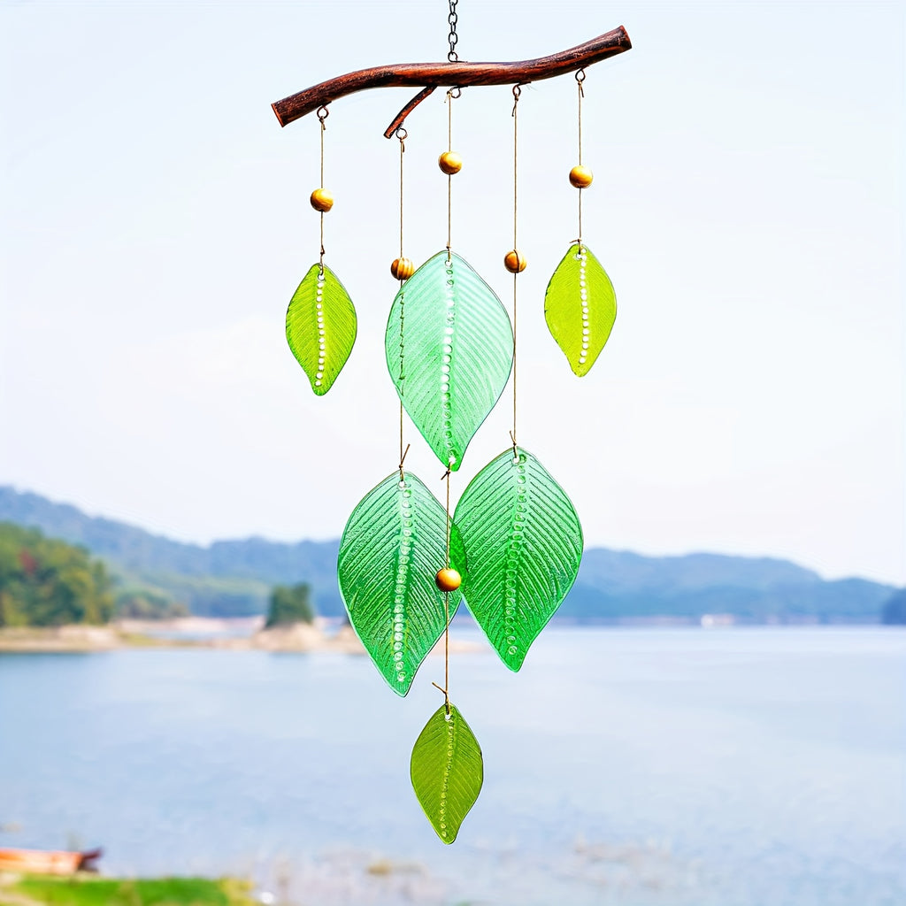 Glass Wind Chime with Green Leaf - Elegant Outdoor\u002FIndoor Hanging Decor
