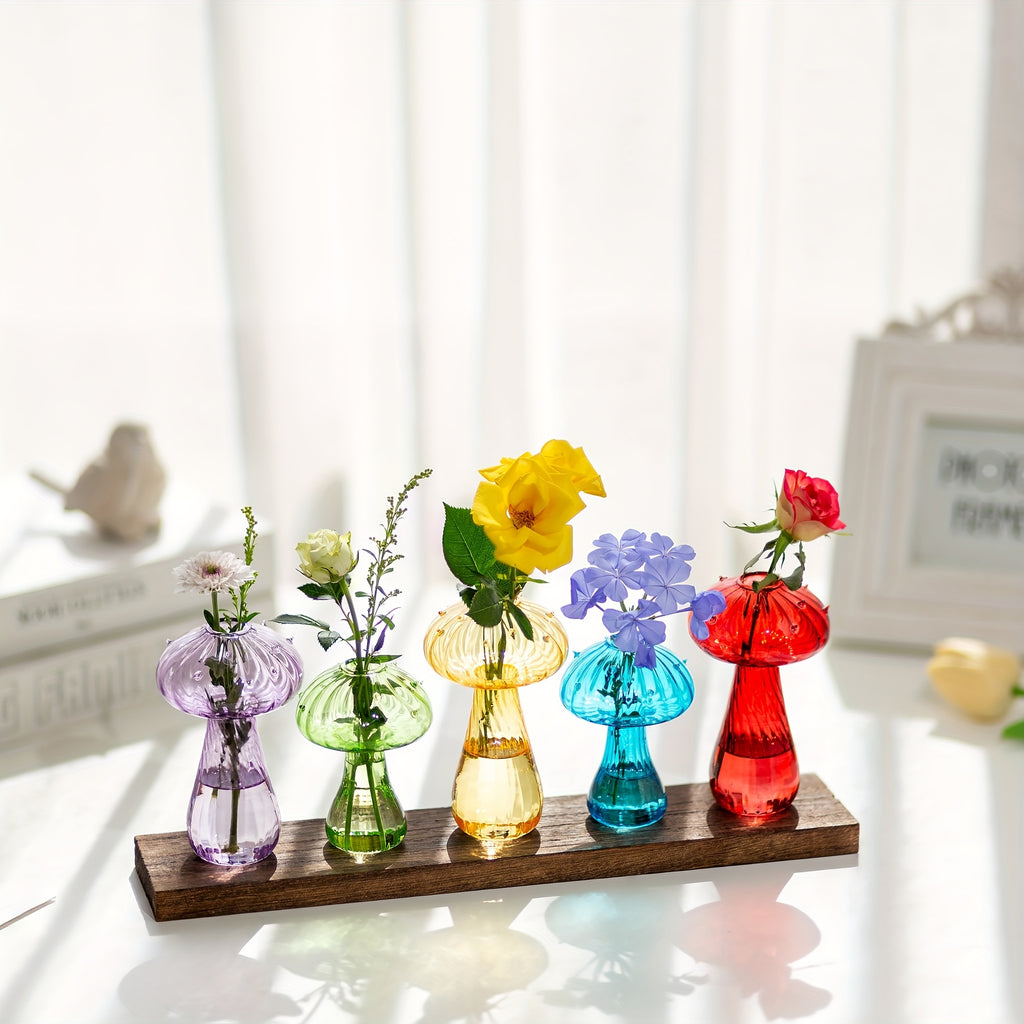 5-Pack Colorful Mushroom Vases with Wooden Tray