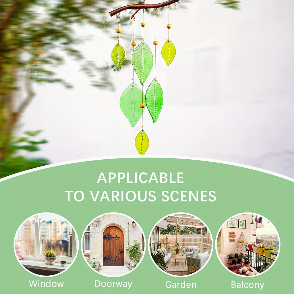 Glass Wind Chime with Green Leaf - Elegant Outdoor\u002FIndoor Hanging Decor