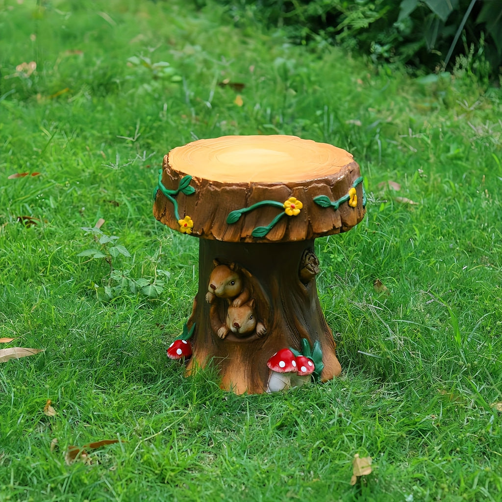 Enchanted Resin Mushroom Squirrel Garden Stool Sculpture