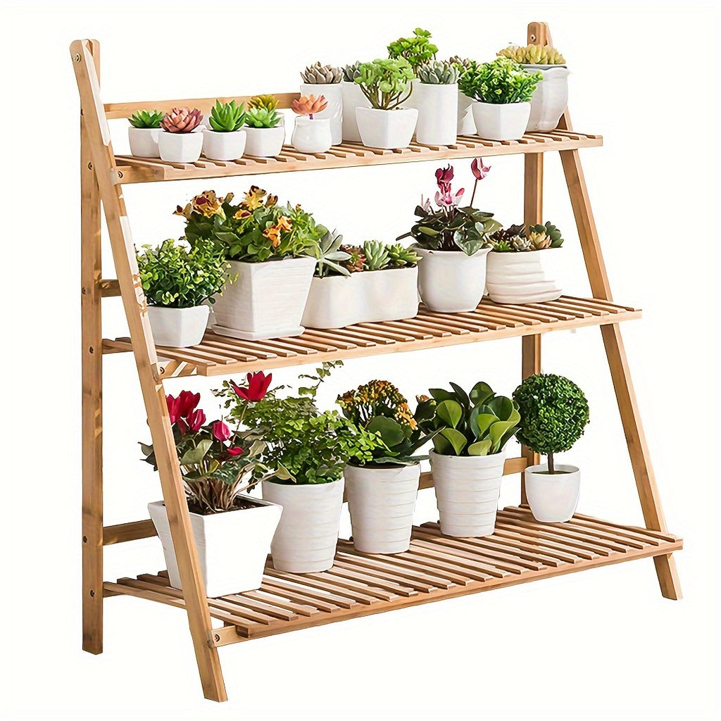 Versatile 100cm 3 Tier Foldable Bamboo Flower Pot Plants Display Shelf Planter Organizer for Outdoor Indoor