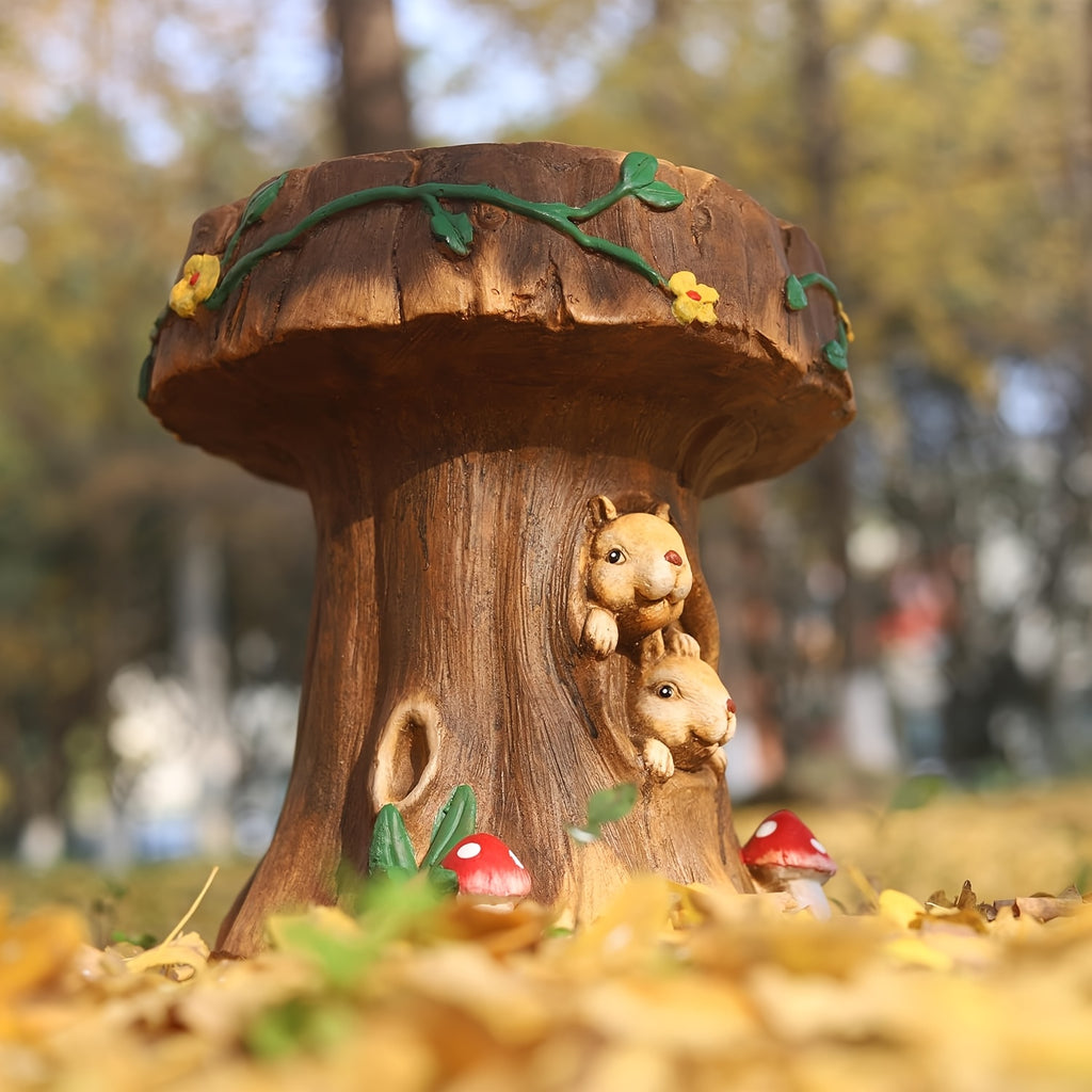 Enchanted Resin Mushroom Squirrel Garden Stool Sculpture