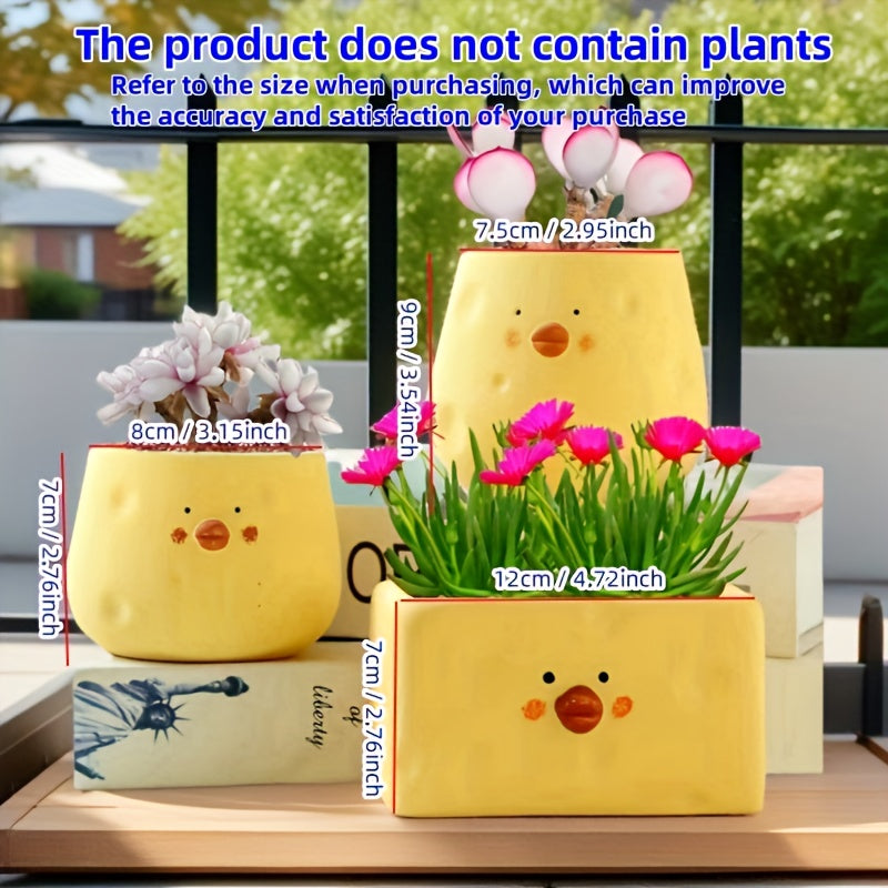 3pcs, cute little yellow chicken ceramic flower pots, pastoral style, exquisite and compact
