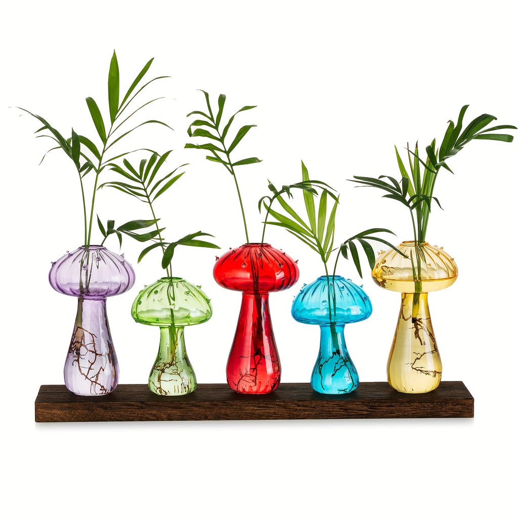 5-Pack Colorful Mushroom Vases with Wooden Tray