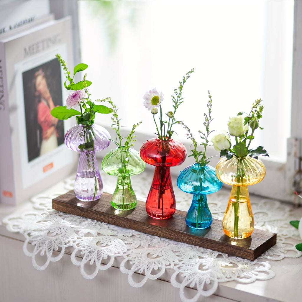 5-Pack Colorful Mushroom Vases with Wooden Tray